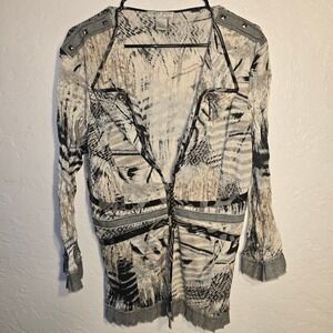 Alberto Makali Cardigan Top Large Women Grey Abstract Studded buttons loop Artsy